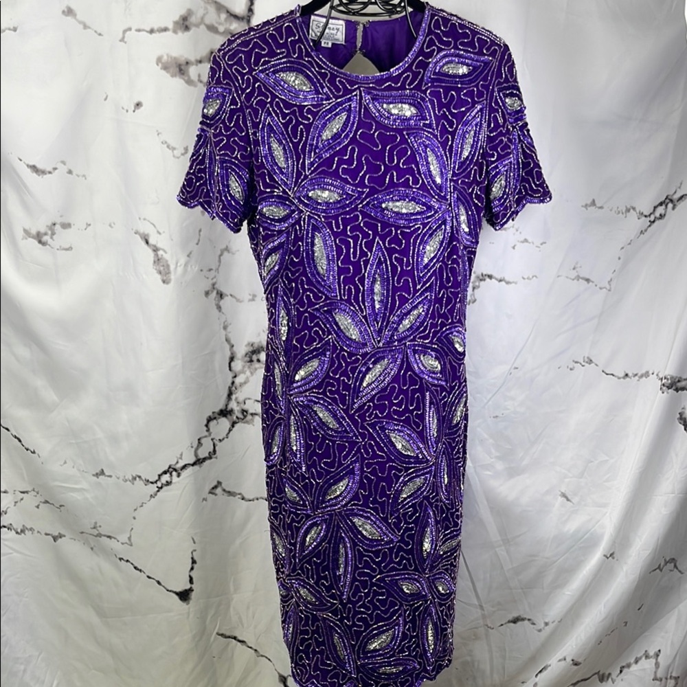 Stenay Beaded Sequin Sheath Dress on Silk Vintage Midi Scalloped Hem and Cuffs